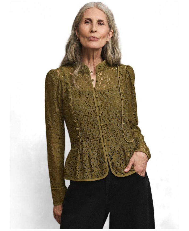 Women's High-Neck Puff-Shoulder Peplum Lace Blouse
