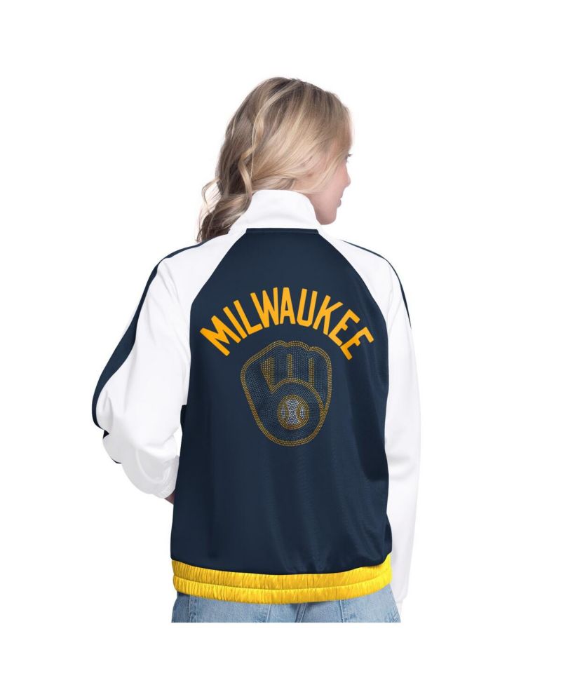 Women's White/Navy Milwaukee Brewers Rally Rhinestone Raglan Full-Zip Track Jacket