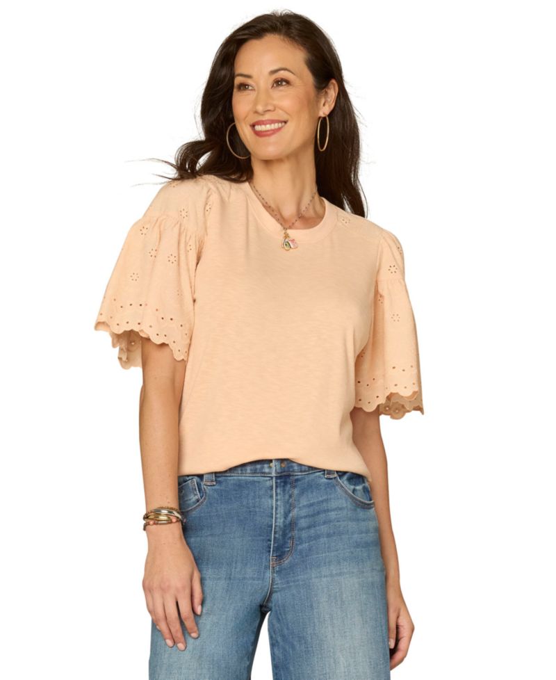 Petite Puff-Sleeve Crewneck Shirttail Hem Knit Top