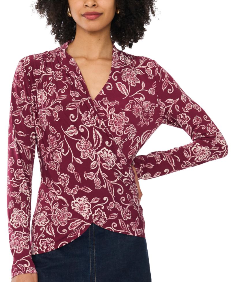 Women's Floral-Print Long-Sleeve Wrap Top