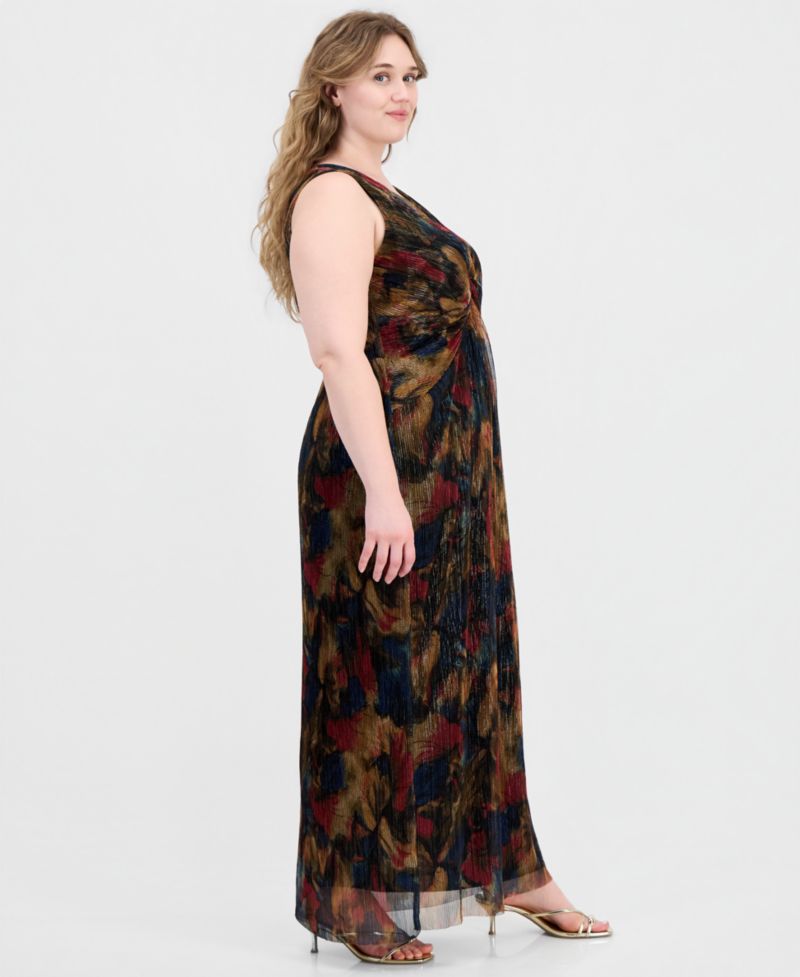 Plus Size Metallic-Print Twist-Front Sleeveless Dress