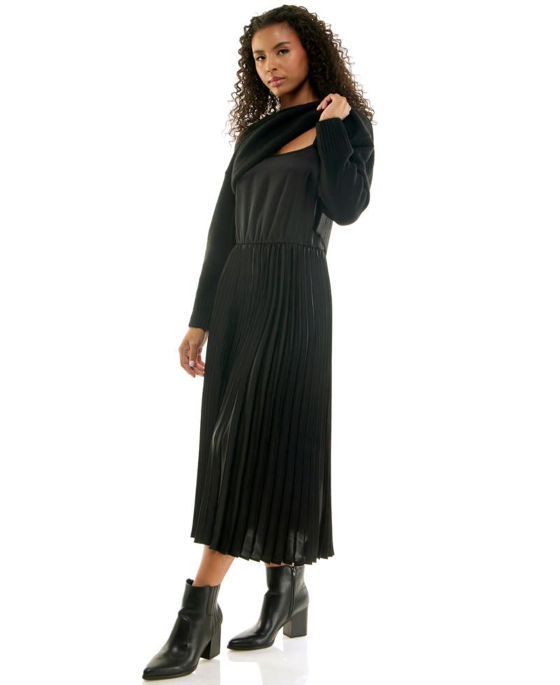 Juniors' Pleated-Satin Midi Crewneck Sweater and Slip Dress, 2-Piece Set
