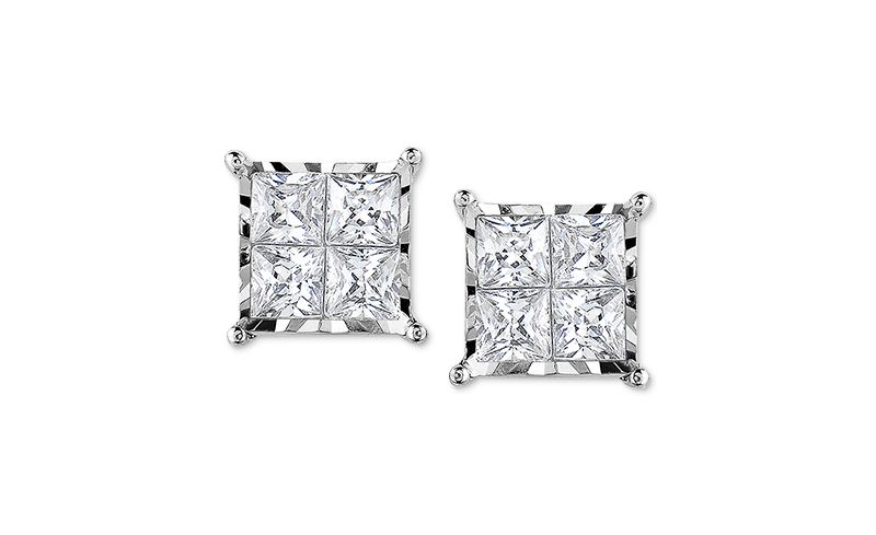 Diamond Princess Cluster Stud Earrings in 14k Gold