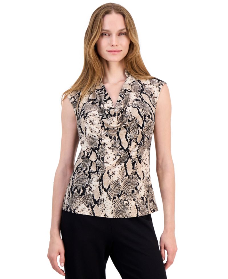 Petite Snake-Print Cowl Neck Sleeveless Knit Top