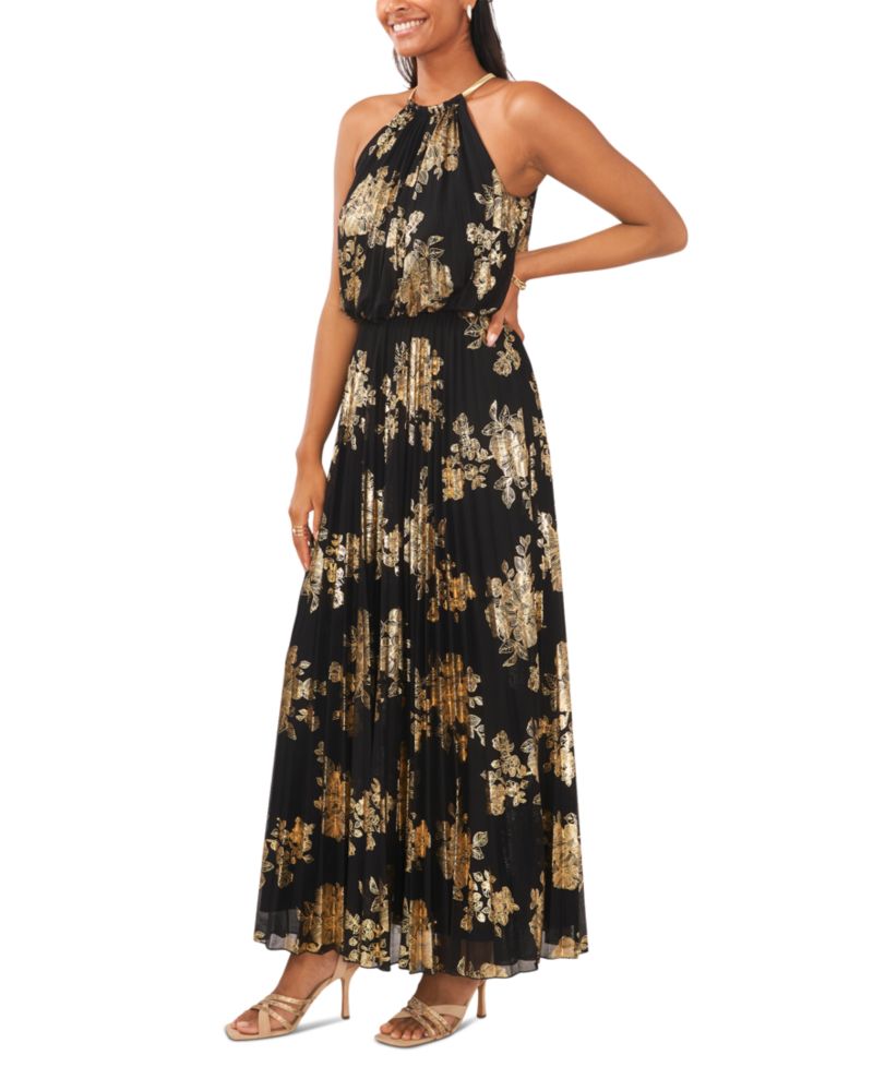 Metallic-Print Pleated Blouson Gown