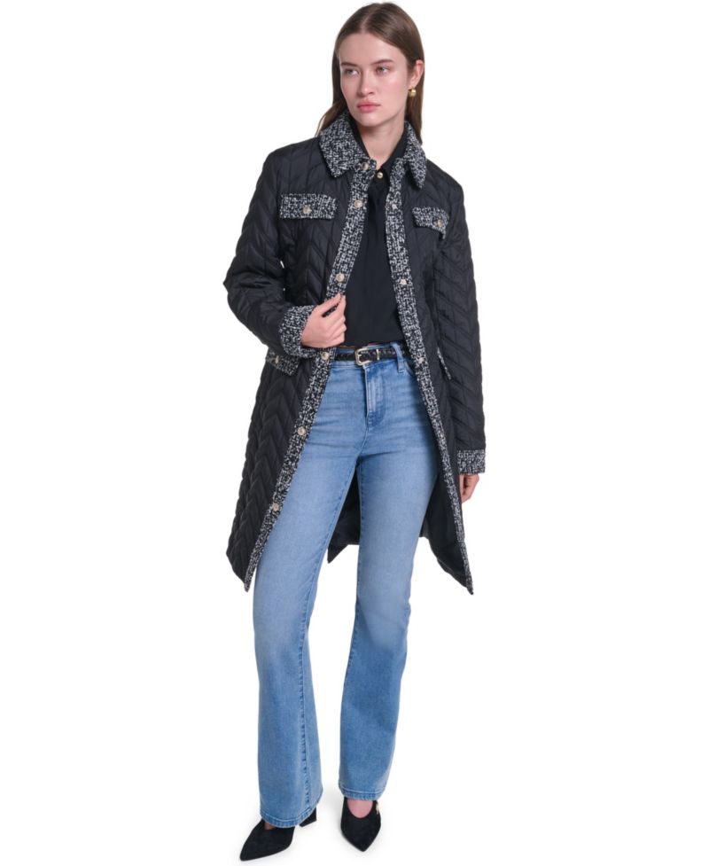 Women's Long Quilted Tweed-Trim Coat