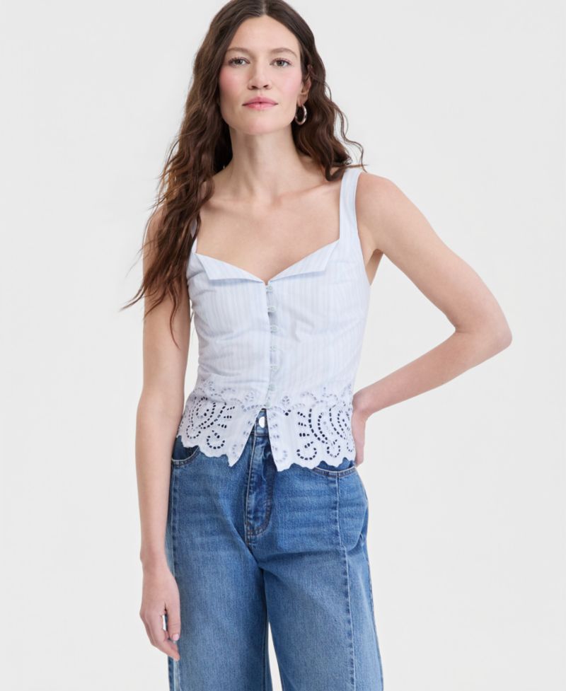 Women's Cotton Button-Front Cutwork Tank Top