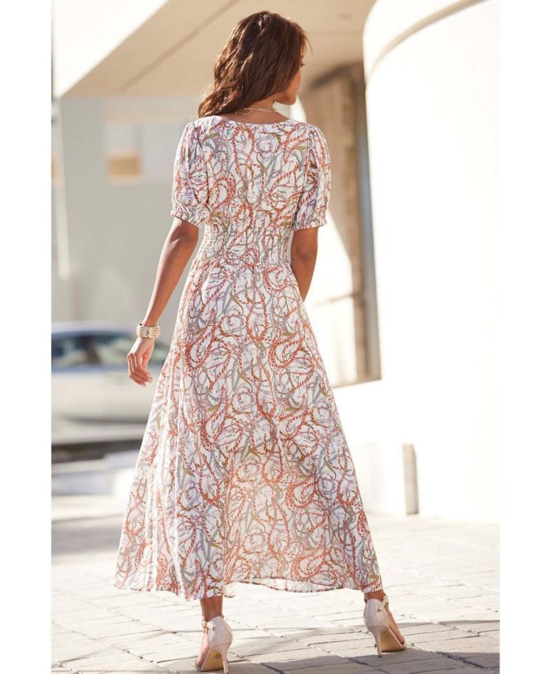 Women's Viscose Printed Puff A-Line V-Neck Empire-Waist Maxi Dress