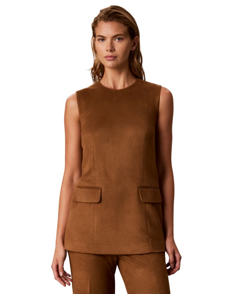 Women's Faux-Suede Back-Zip Pocket Sleeveless Blouse
