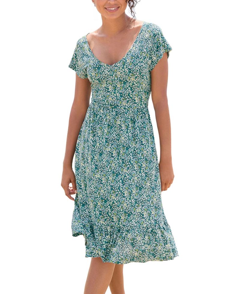 Women's Viscose Printed Flounce A-Line V-Neck Elastic-Waist Short Dress