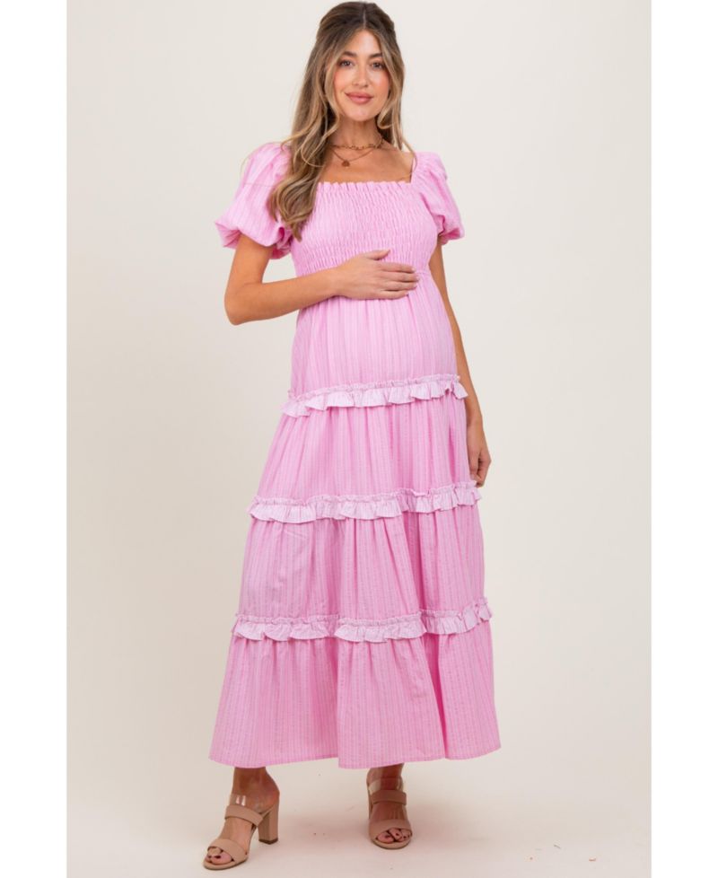 Women's Pink Smocked Ruffle Tiered Puff Sleeve Maxi Dress