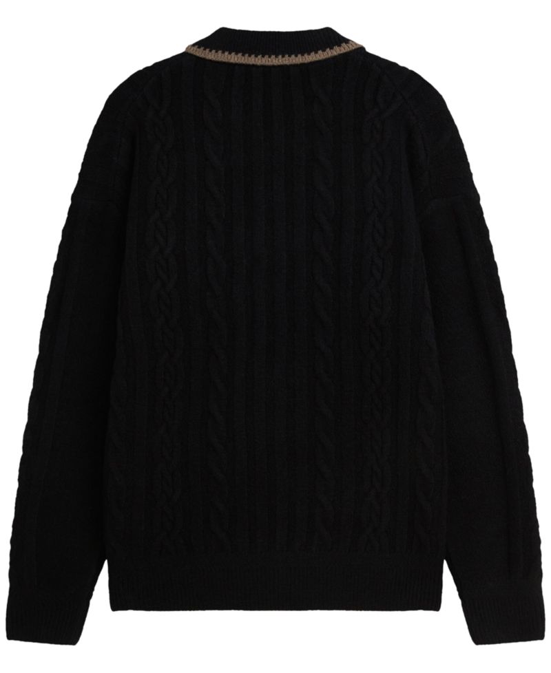 Men's Soft Knit Polo Cable Dropped Shoulder Polo Sweater