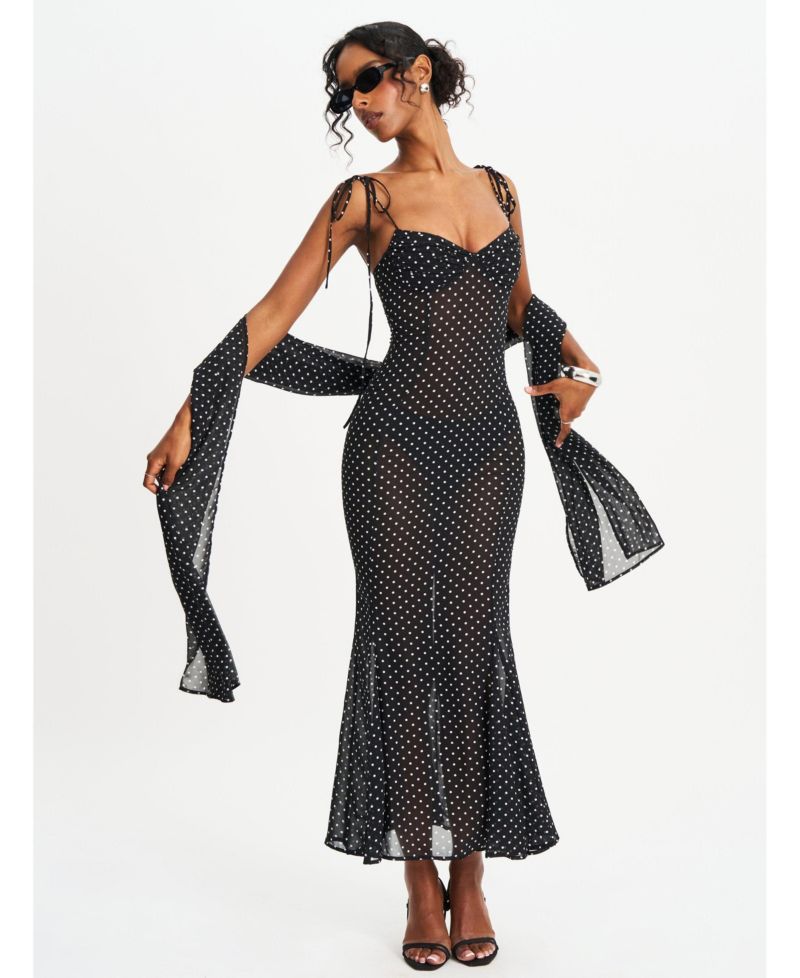 Women's Yadira Black Base Polka Dot Chiffon Maxi Dress