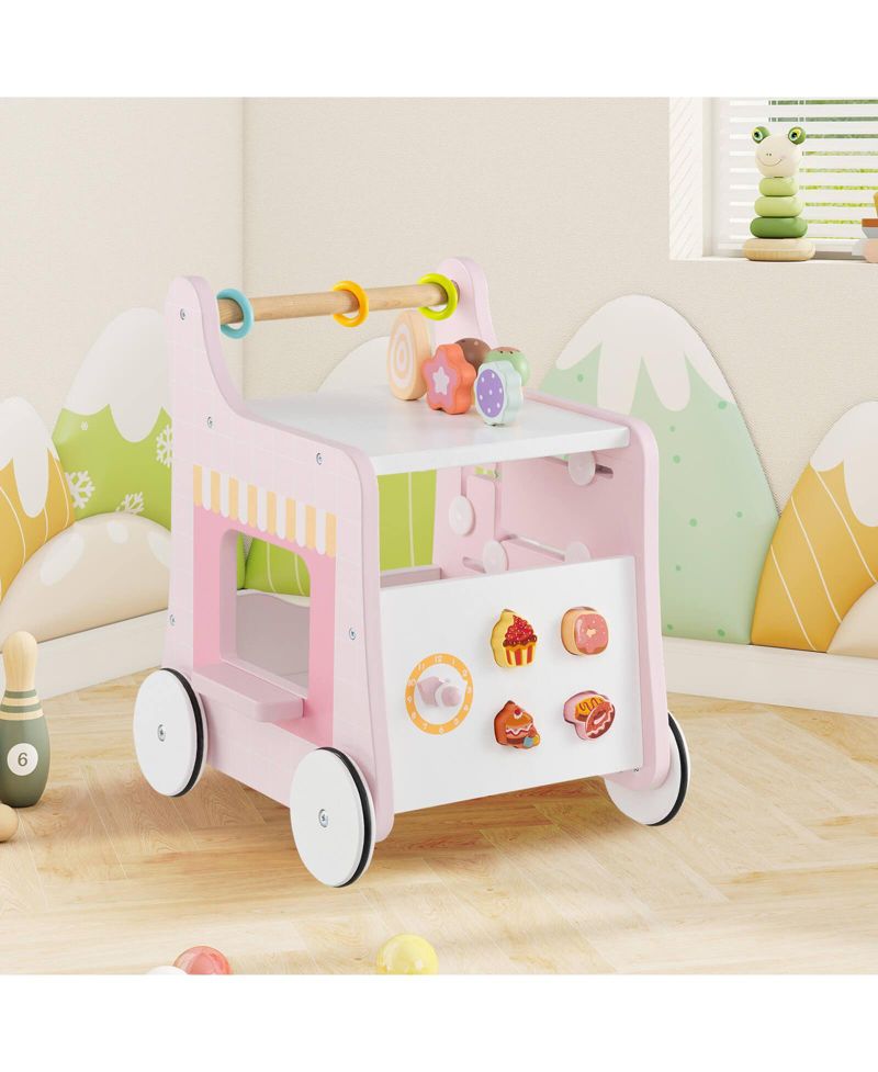 Wooden Baby Walker Ice Cream Cart Toy with Sweet Accessories & Smooth Wheels