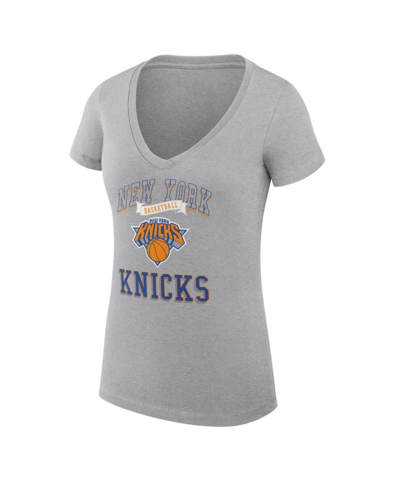 Women's Heather Gray New York Knicks Super-Slim Fit Lightweight Team Logo V-Neck T-Shirt