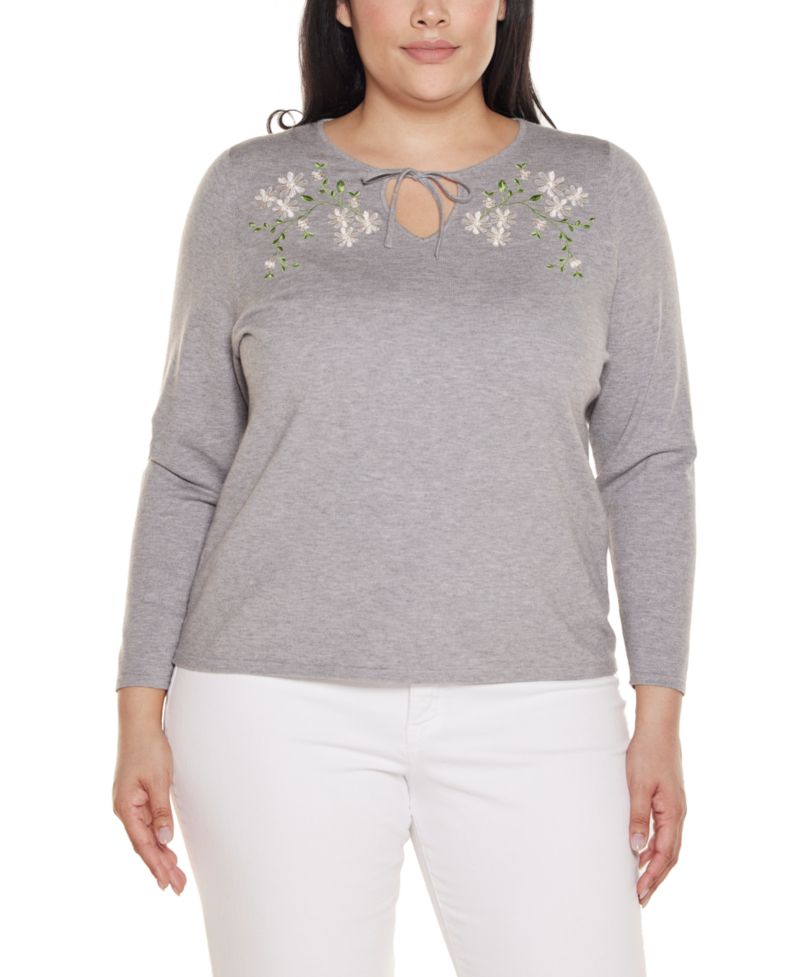 Plus Size Embroidered-Flower Split-Neck Sweater