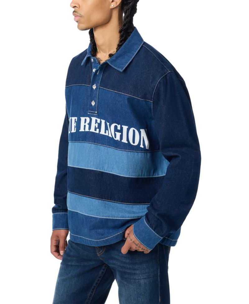 Men's Denim Striped Long-Sleeve Polo Shirt