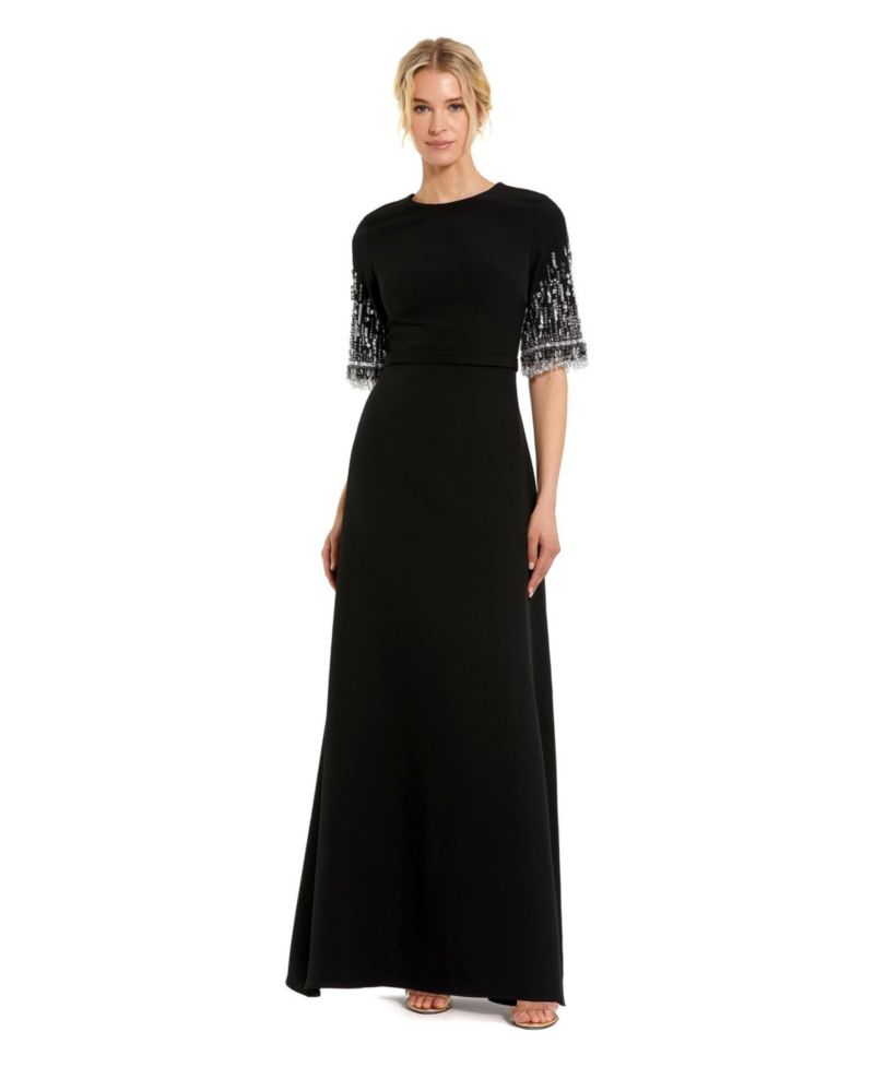 Women's Beaded 3/4 Sleeves Crepe A Line Gown