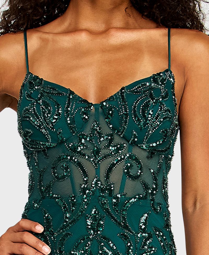 Juniors' Sweetheart Neck Illusion Corseted Pattern Sequin Mini Dress