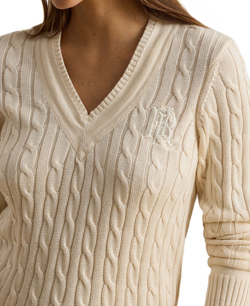 Petite Long-Sleeve V-Neck Cable Knit Sweater
