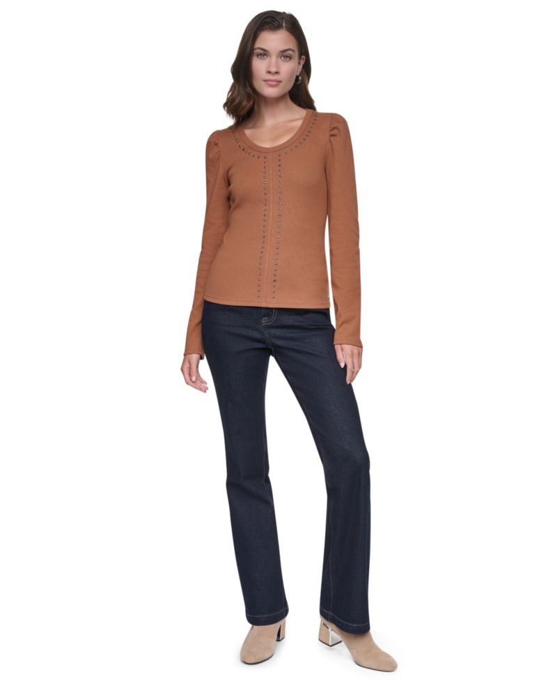 Women's Scoop Neck Long-Puff Sleeve Rhinestud Cotton-Blend Top