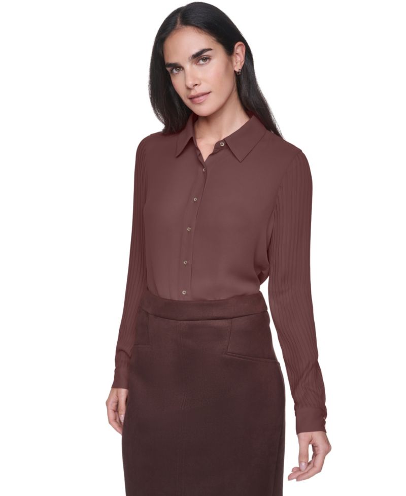 Women's Long-Sleeve Button-Front Pleated-Sleeve Blouse