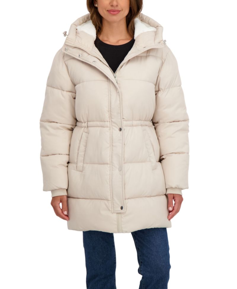 Women's 3/4 Cozy Lined Hooded Puffer Coat With Drawstring Waist