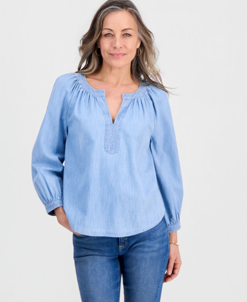 Petite Denim Trapunto-Stitch Blouse