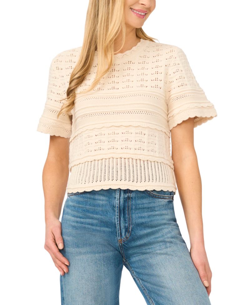 Women's Multi-Stitch Pointelle Short-Sleeve Sweater
