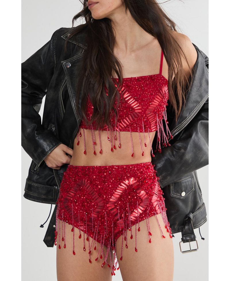 Women's Embellished Tassel Beaded Crop Top