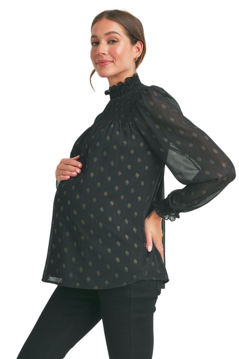 Maternity Long Sleeve Mock Neck Polka Dot Smocked Blouse