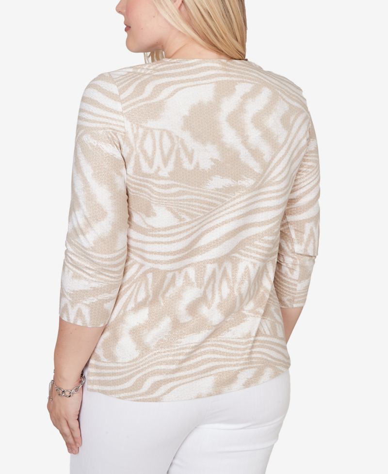Petite Natural Wonder Animal Print Split Neck Beaded Top