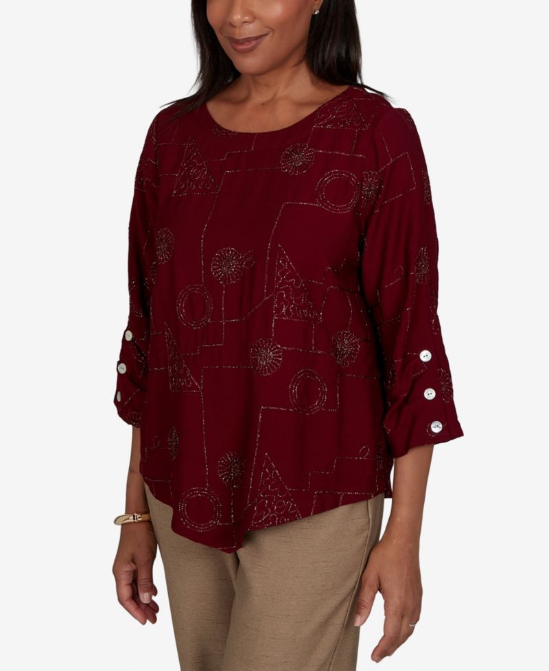 Petite Union Square Geometric-Floral 3/4-Sleeve Crewneck Rayon-Nylon Blend Blouse