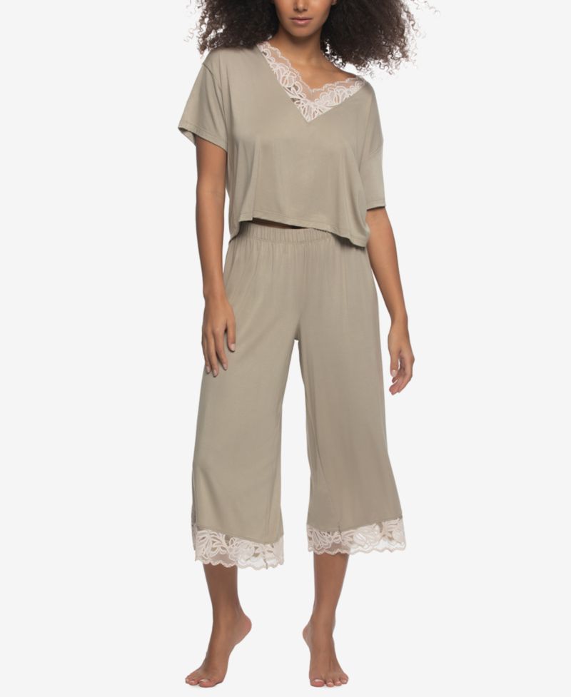 Women's Regular Amelie Jersey Vintage Lace Crop Tee and Wide Leg Pants Set