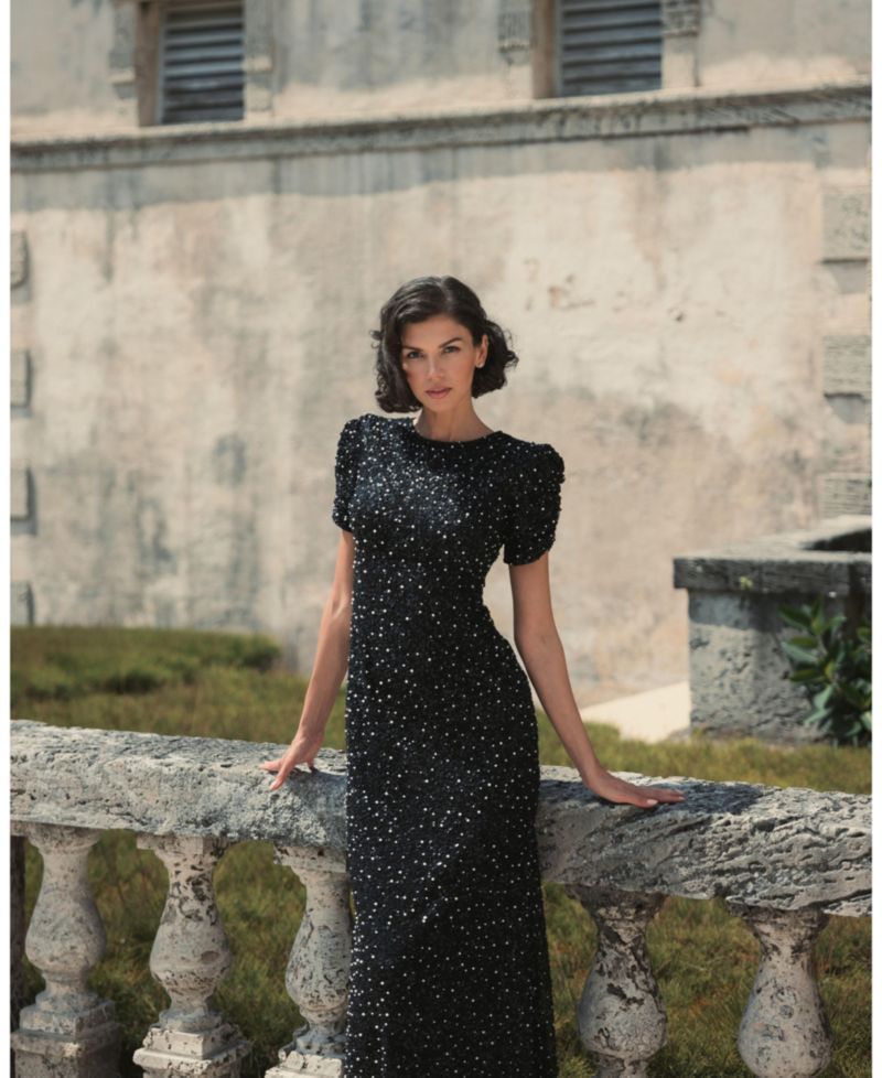 Women's Gathered Short Sleeve Beaded Gown