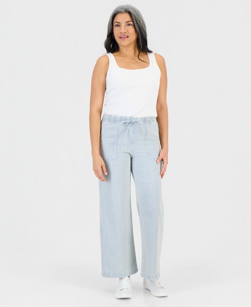 Petite Engineer-Stripe Pull-On Wide-Leg Jeans