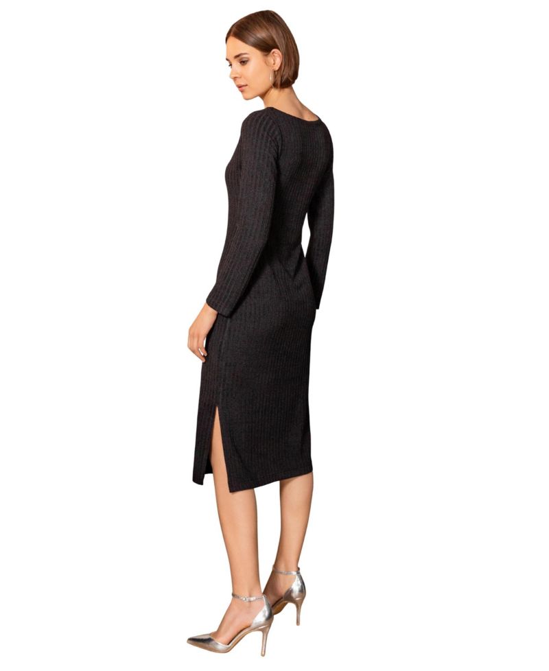 Women's Ribbed Long-Sleeve Boat-Neck Midi Dress