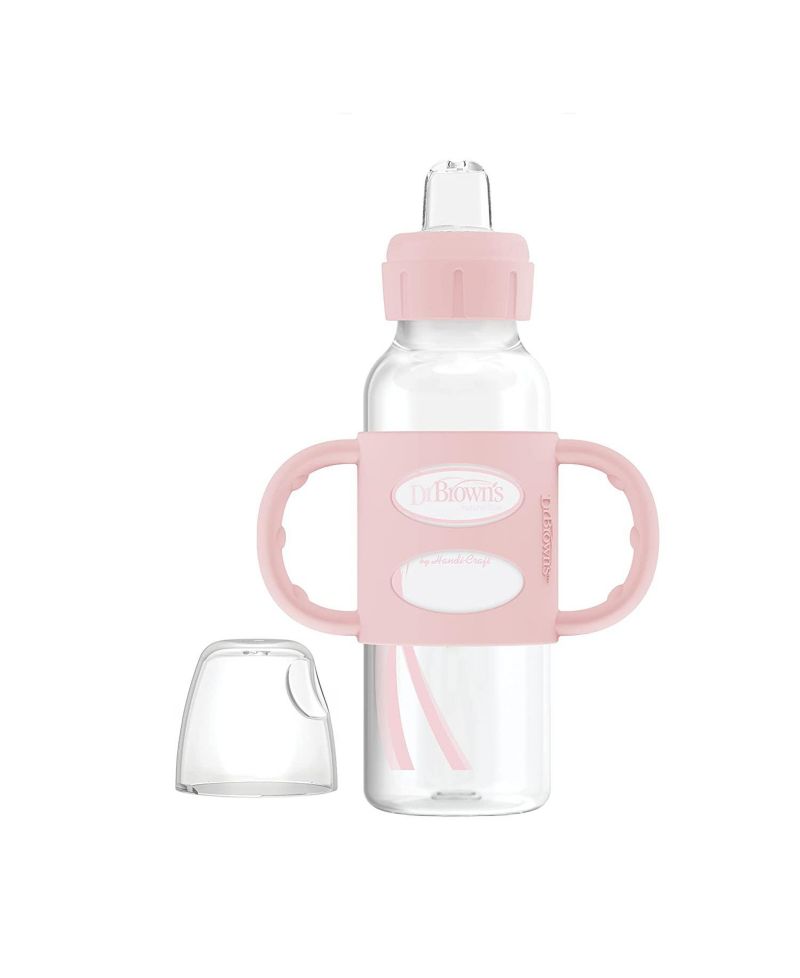 Baby Narrow Sippy Baby Bottle with 100% Silicone Handles, 8oz, Pink