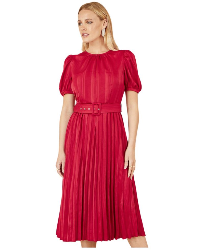 Women's Striped Satin Midi Dress Stylish Belted Partywear