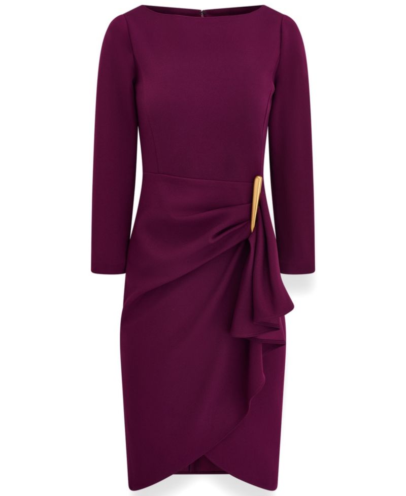 Petite Long-Sleeve Boat-Neck Side Cascade Ruffle Dress