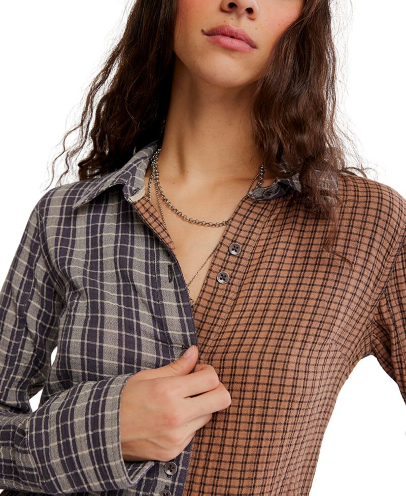 Women's Benny Slim Plaid Paint-Splatter Long-Sleeve Blouse