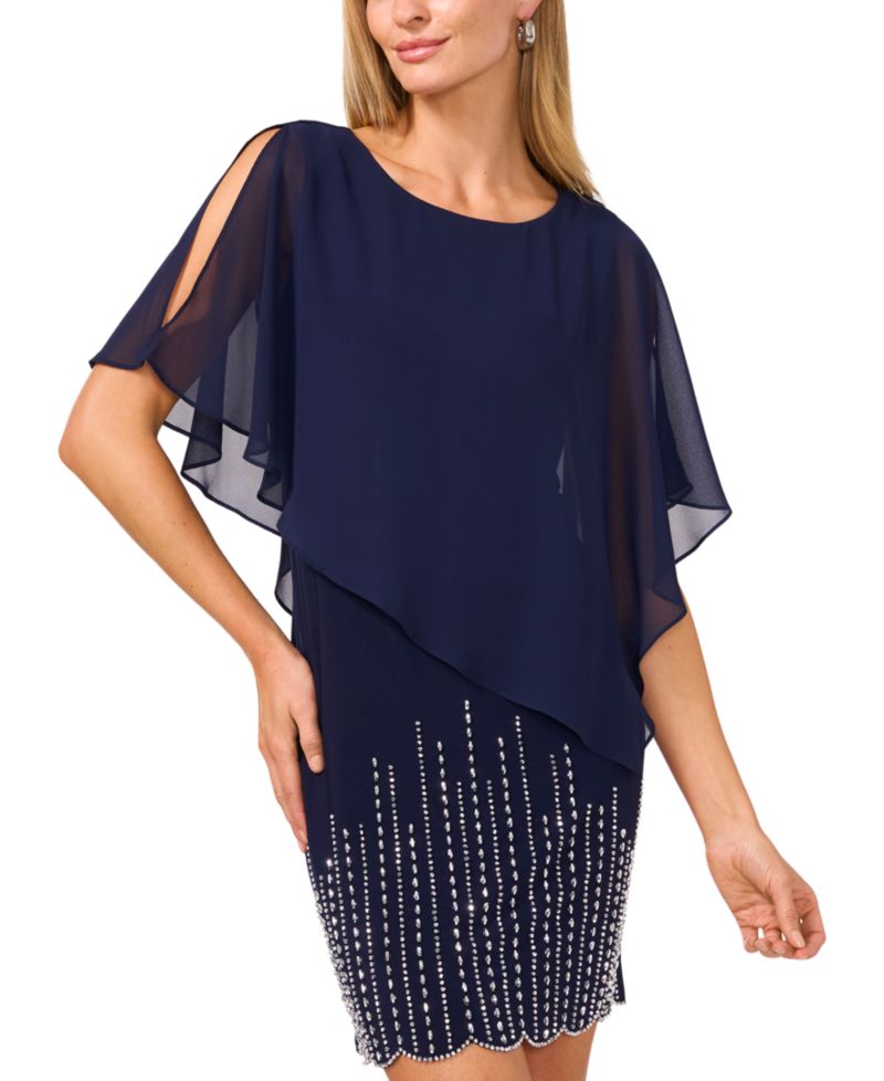 Petite Embellished Cape-Overlay Shift Dress