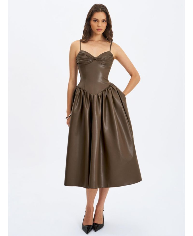 Women's Parisia Cocoa Faux Leather Drop Waist Maxi Dress
