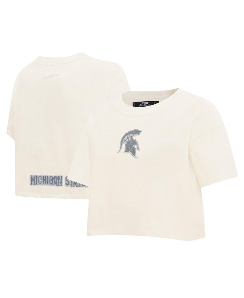 Women's Cream Michigan State Spartans Reverse French Terry Boxy Cropped T-Shirt