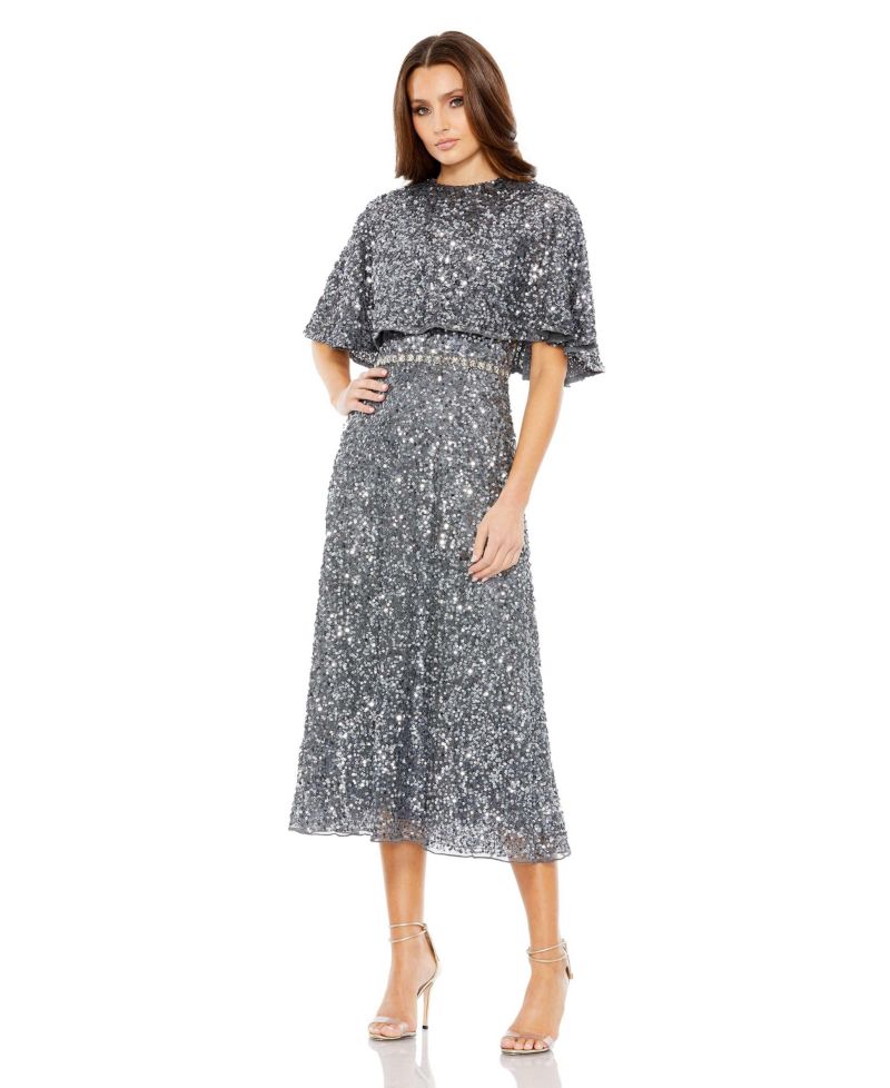 Women's Embellished Cape High Neck Midi Dress