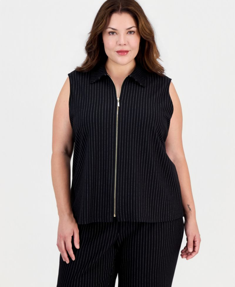 Plus Size Mock-Neck Front-Zip Pinstripe Blouse