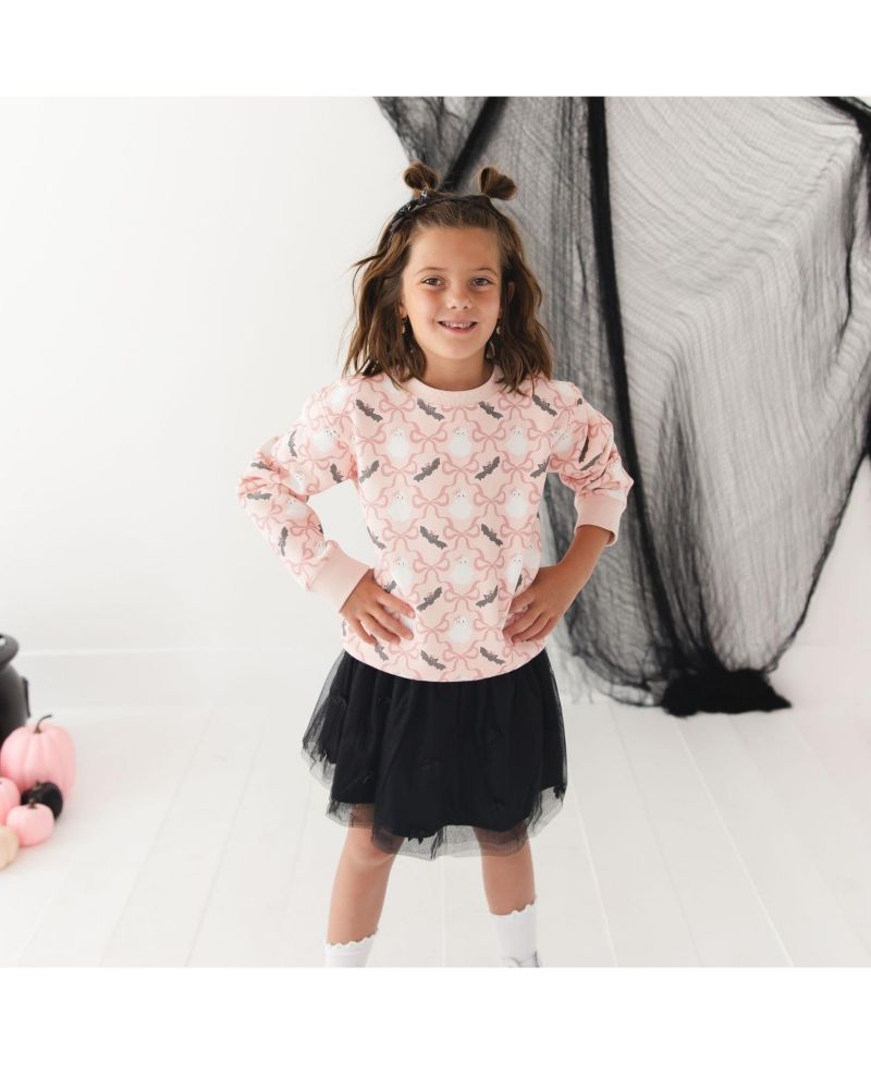 Little Girls ( 5 to 8 ) Bat And Ghost Trellis Halloween Sweatshirt