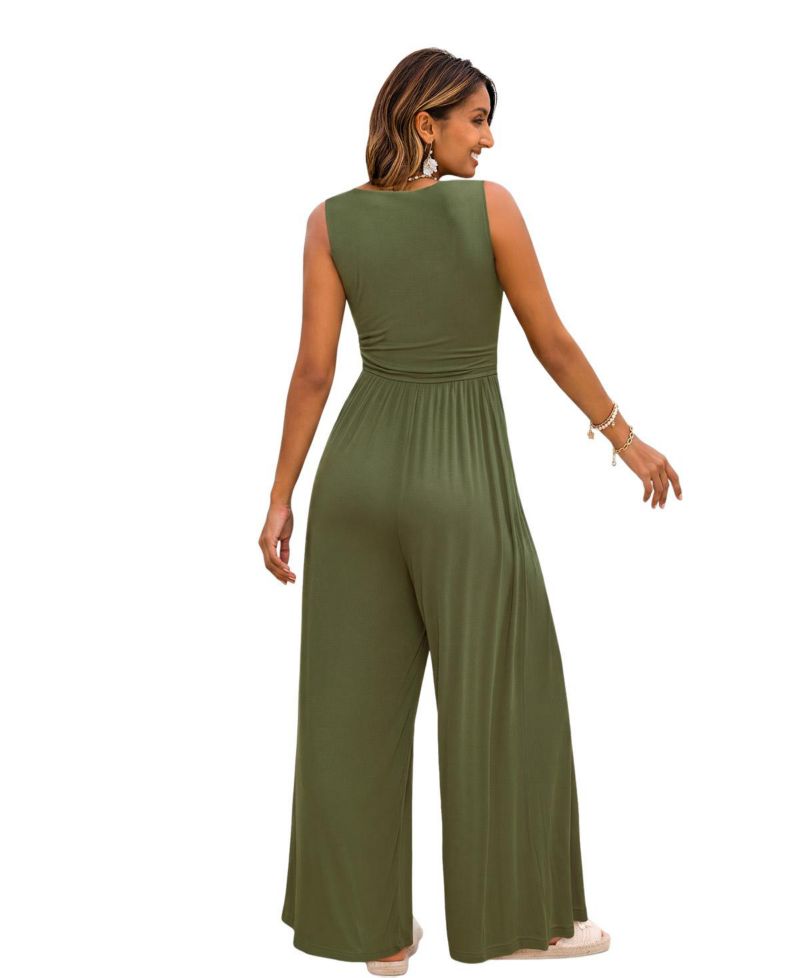 Women's Surplice V-Neck Sleeveless Ribbed Knit Wide Leg Jumpsuit