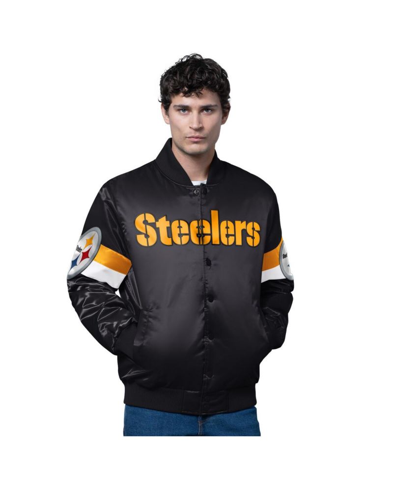Men's Black Pittsburgh Steelers Triple Option Satin Varsity Full-Snap Jacket