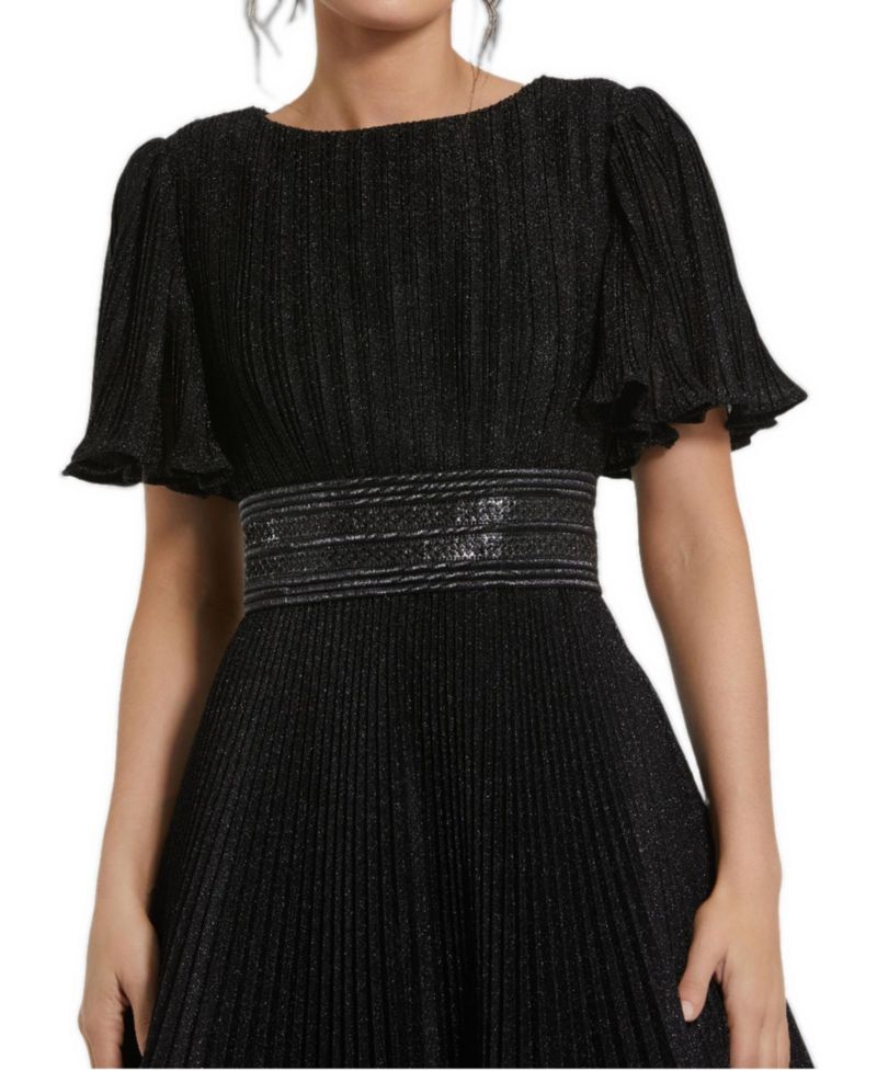 Women's Pleated Shimmering Georgette Flutter Sleeve Gown